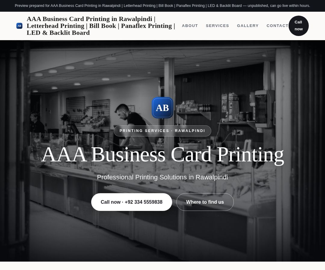 AAA Business Card Printing in Rawalpindi | Letterhead Printing | Bill Book | Panaflex Printing | LED & Backlit Board