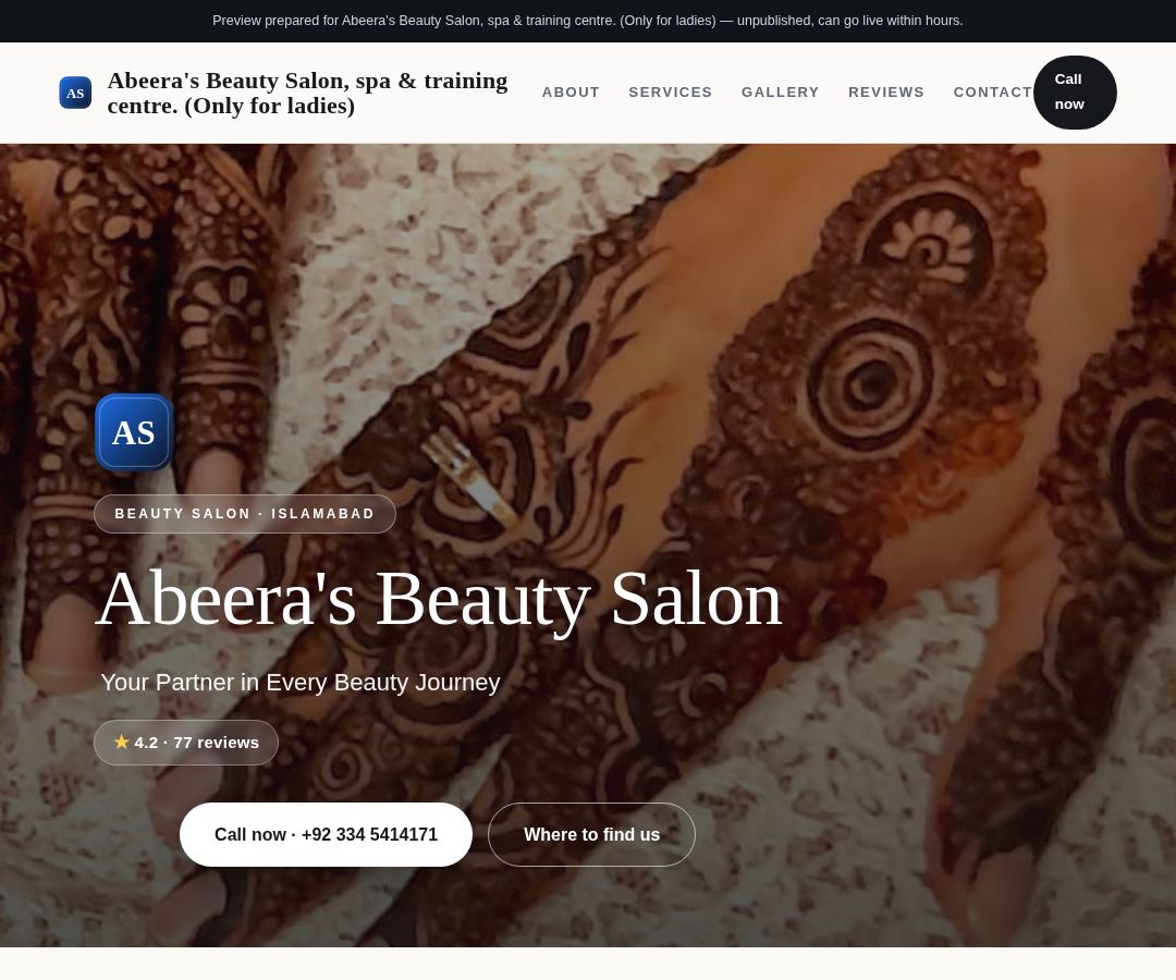 Abeera's Beauty Salon, spa & training centre. (Only for ladies)