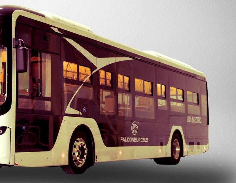 Side profile of the low-floor electric city bus in a studio setting