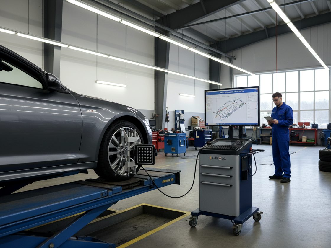 A car on the wheel alignment ramp at Khan Tyre with a sensor clamped to the front wheel