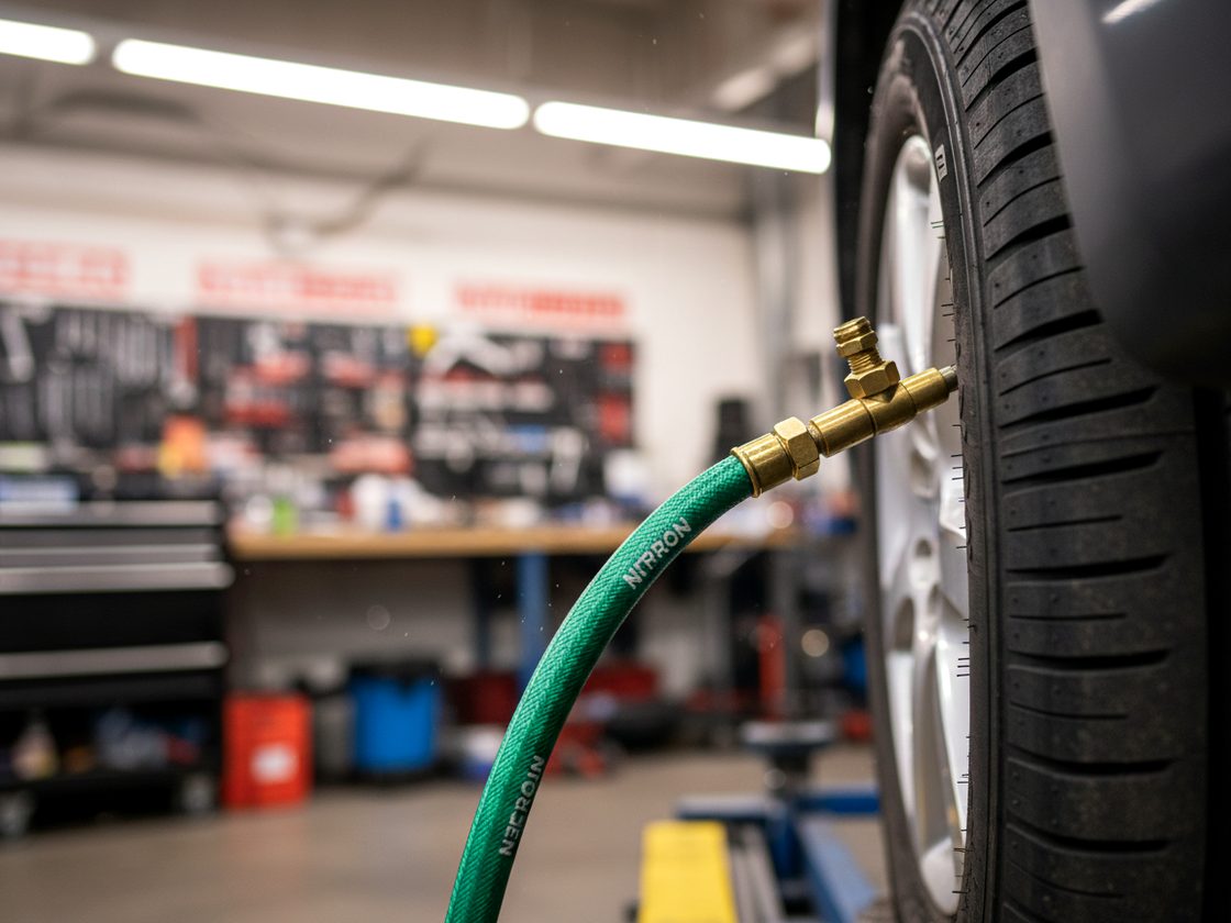 Nitrogen line connected to a car tyre valve at Khan Tyre