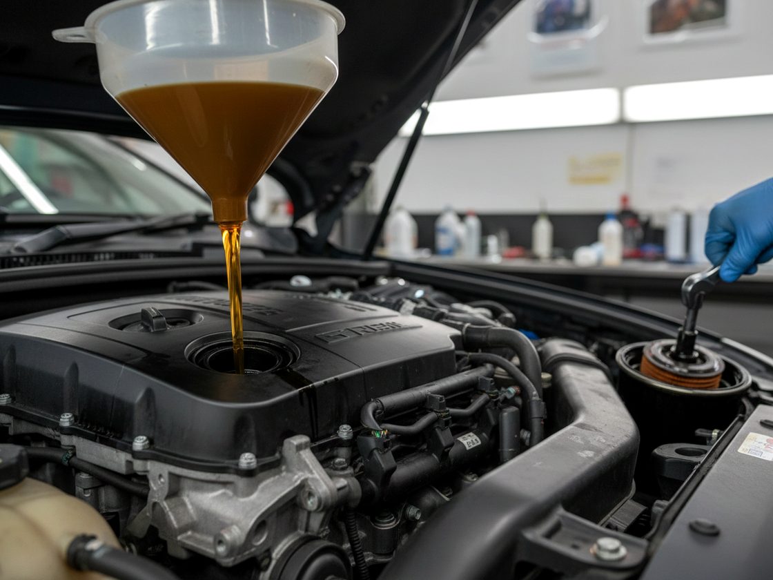 Engine oil being changed at Khan Tyre workshop