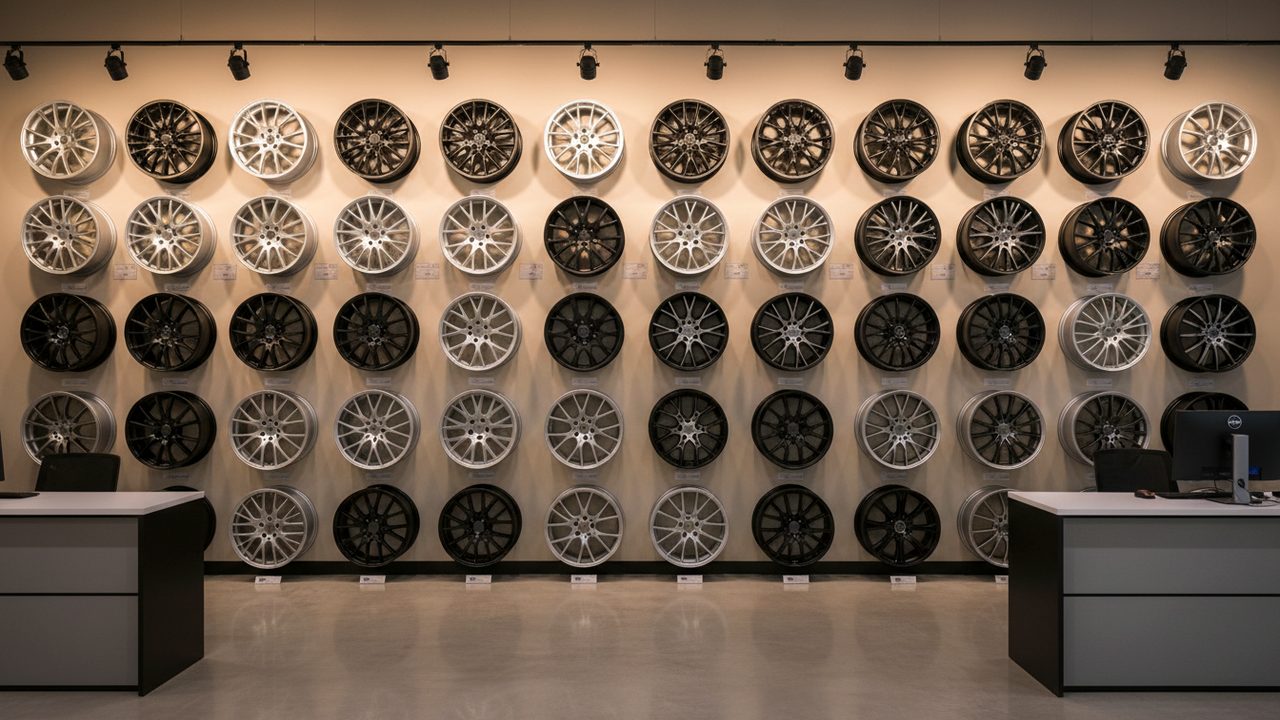 The full alloy rim wall at Khan Tyre, DHA Phase 5 Karachi, showing dozens of wheel designs