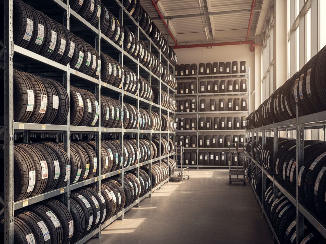 Floor-to-ceiling tyre racks stocked with new car and SUV tyres at Khan Tyre