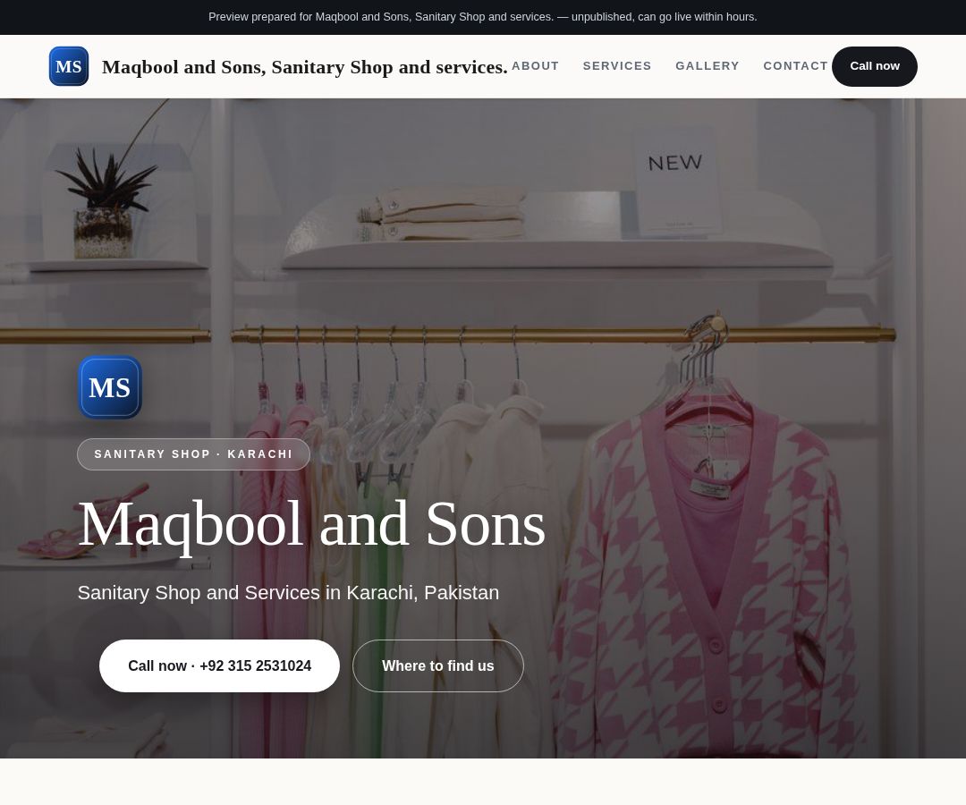 Maqbool and Sons, Sanitary Shop and services.