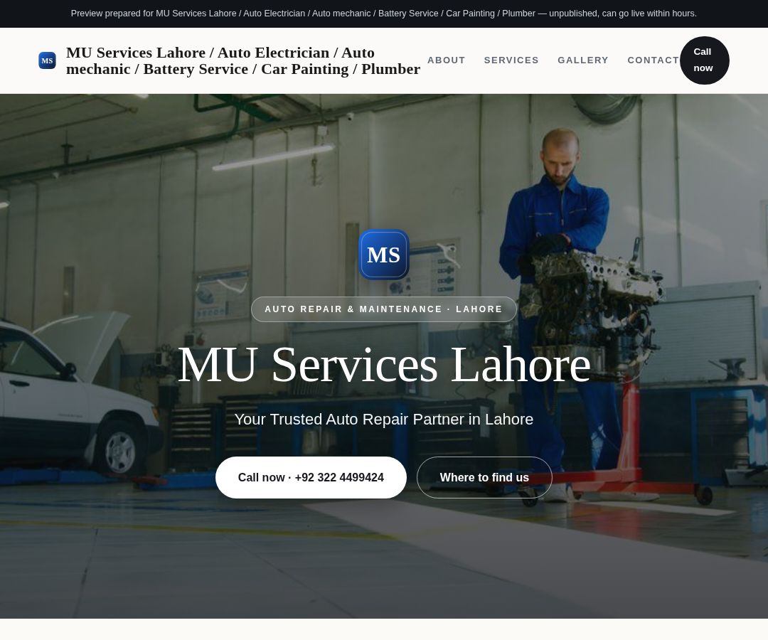 MU Services Lahore / Auto Electrician / Auto mechanic / Battery Service / Car Painting / Plumber