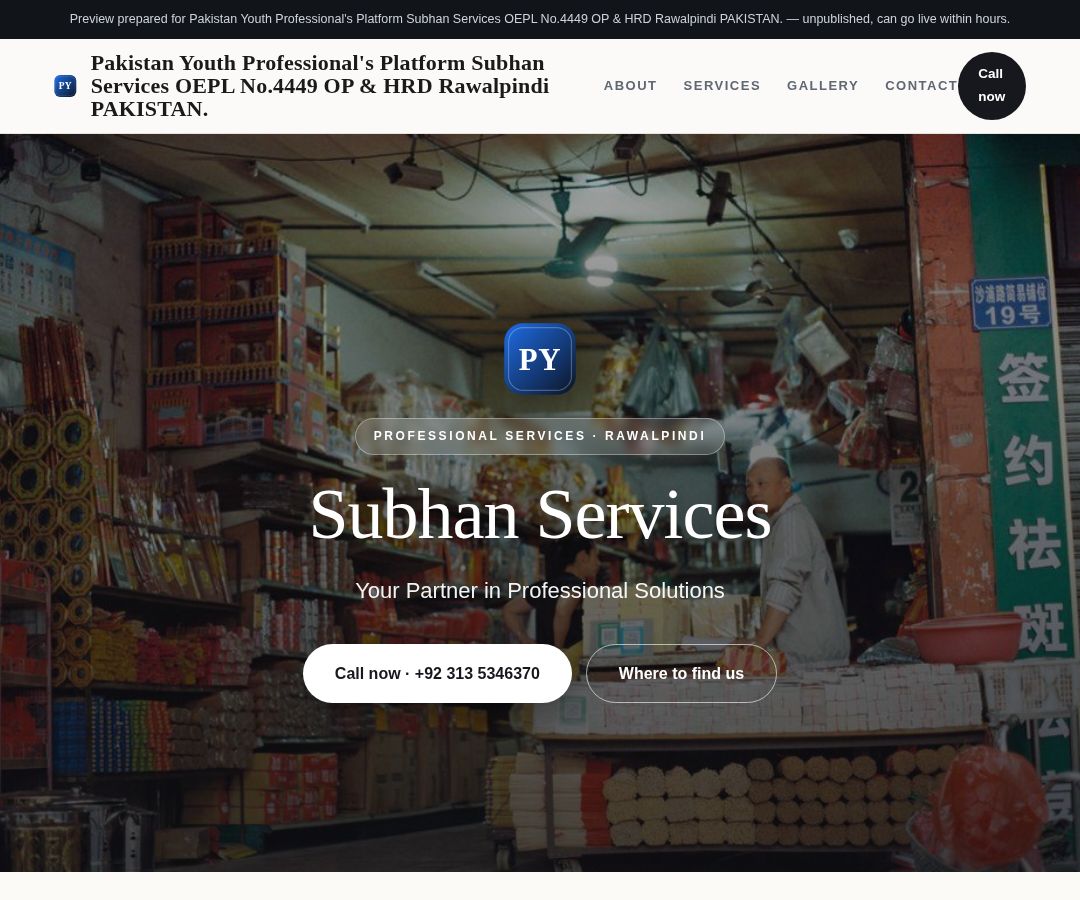 Pakistan Youth Professional's Platform Subhan Services OEPL No.4449 OP & HRD Rawalpindi PAKISTAN.